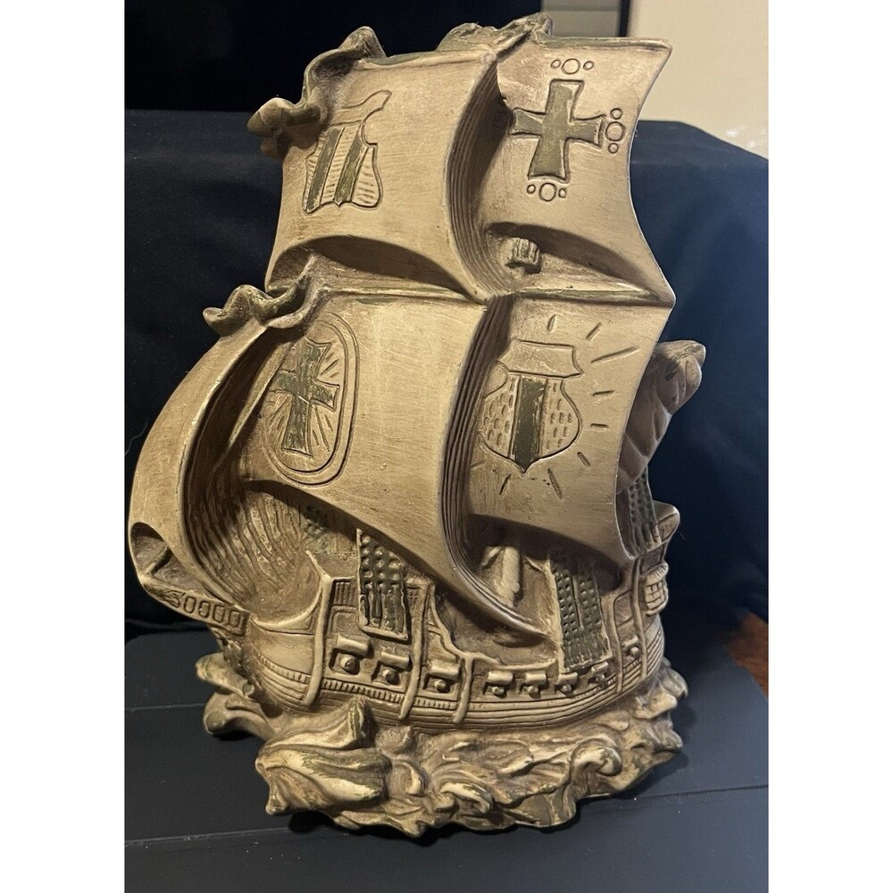 Vintage 1964 Universal Statuary Corp Galleon Ship Bookend Nautical Brown